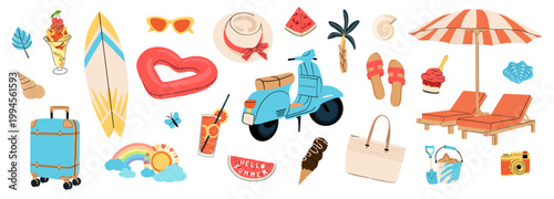  Accessories for a seaside vacation: umbrella with sun loungers, swimming ring, palm tree, beach scooter, sunglasses, ice cream, shells, watermelon, sunscreen, camera, and surfboard.