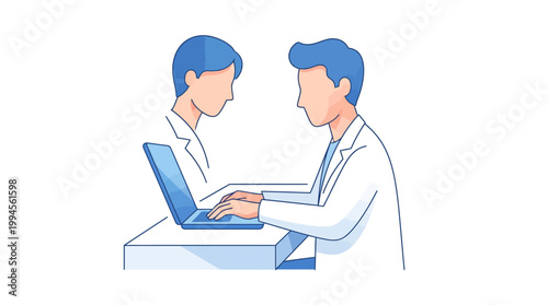 Two healthcare professionals collaborate at a laptop during a clinical consultation or training session.