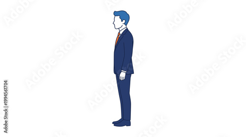 Side view illustration of a man in a navy blue suit with a red tie, showcasing professional business attire.