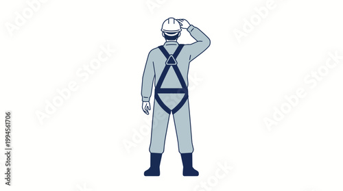 Cartoon construction worker in blue overalls with safety harness looking into the distance