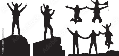 Joyful father and child celebrating on mountain tops and jumping, symbolizing achievement.