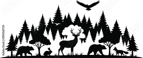 Forest silhouette majestic wildlife scene with deer bear birds and towering trees