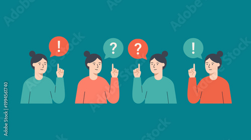 Flat design illustration of four people showing questions and exclamations, symbolizing confusion, inquiry, and group discussion in a collaborative setting.