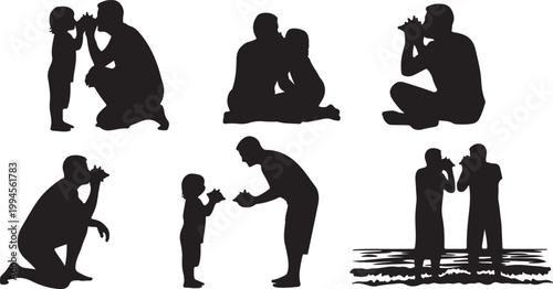 Father and child at the beach, holding seashells and looking out at the ocean together.