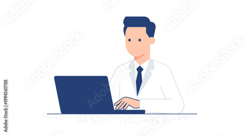 Illustration of a male doctor in a white coat using a laptop, symbolizing telemedicine and digital health solutions.