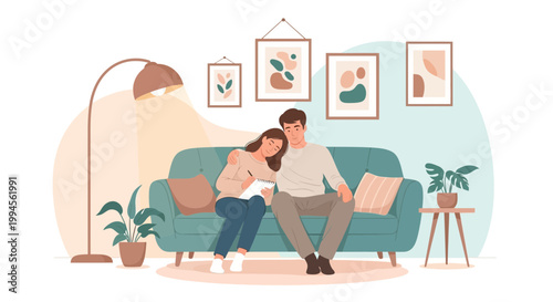 Couple Writing in Notebook and Relaxing on Living Room Sofa Illustration