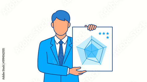 Businessman in a blue suit presenting a radar chart with performance metrics and star rating on a white background