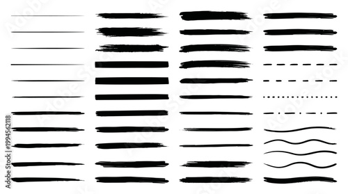 Assorted brush stroke samples: horizontal lines with varying thickness, dashed, dotted and wavy strokes in black ink on white background