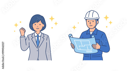 Businesswoman and construction worker celebrate teamwork with a blueprint, symbolizing cross-industry collaboration and smart project planning.