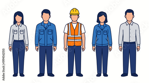Diverse group of five professionals in workwear and casual outfits standing in a row, representing teamwork and collaboration.