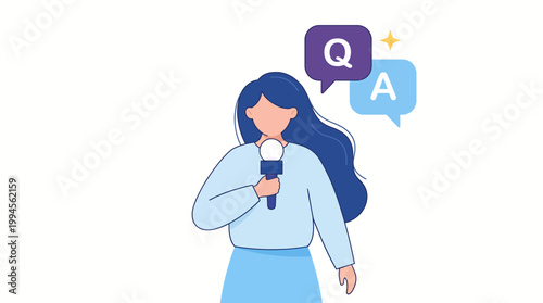Illustrated female host with microphone presenting a Q&A session, emphasizing public speaking, interview format, and audience engagement.