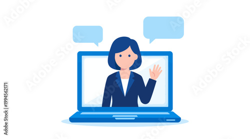 Businesswoman on a laptop during a video call, waving in a virtual meeting with chat bubbles for online collaboration
