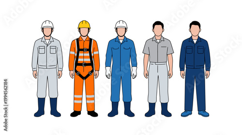 Group of five workers in construction and industrial safety uniforms wearing hard hats and coveralls
