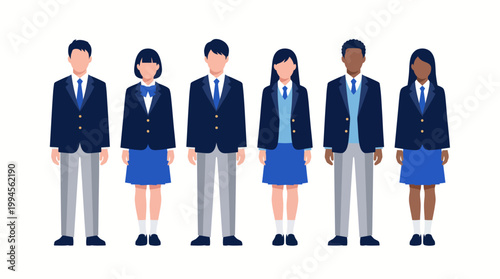 Six diverse business professionals in navy blazers and blue outfits posing together for a corporate team illustration.