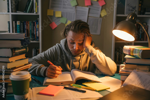 Tired student studying late at night with books and lamp