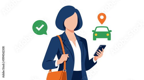 Professional woman using a ride-hailing app on her smartphone with a car and location pin icon, transportation and mobile booking concept
