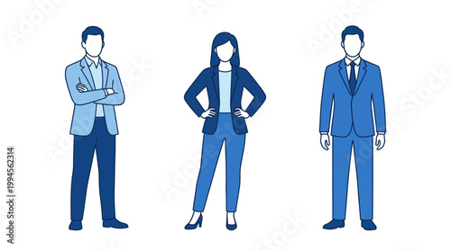 Three business professionals in formal attire standing together, conveying teamwork, leadership and corporate collaboration.