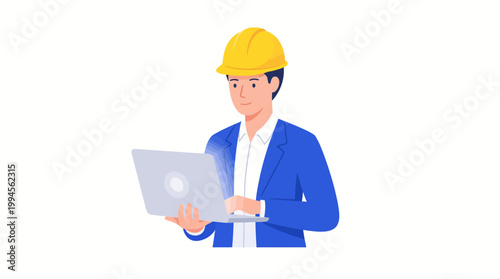 Construction engineer in a yellow hard hat and blue blazer using a laptop to review plans - modern field inspection illustration