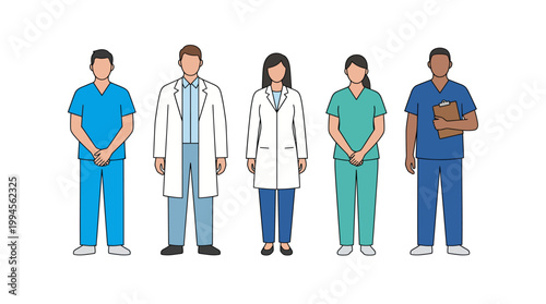 Diverse group of healthcare professionals, including doctors and nurses, standing together in a clinical setting and ready to provide patient care