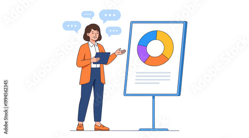 Professional woman presents data analytics with a pie chart on a flip chart stand during a business meeting