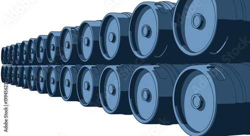 Industrial Barrels Stacked in Rows, Blue Metal Cylinders, Storage Concept