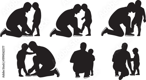 Father and son silhouettes in various poses showing bonding and care, father tying shoe.