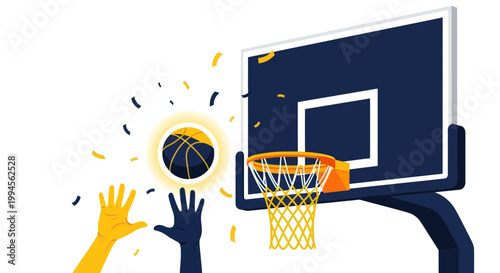 Basketball game, scoring a goal, winning shot, celebration, confetti, sports concept