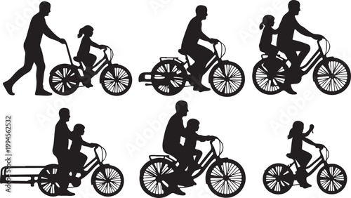 Silhouettes of parents teaching children to ride bicycles, representing learning and family bonding.