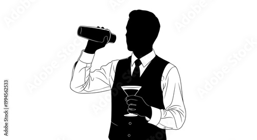 Bartender silhouette shaking cocktail with martini glass, isolated on white