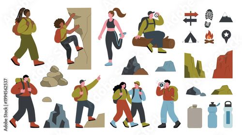 Diverse group of hikers and climbers enjoying outdoor adventure and mountain activities with gear and scenic elements