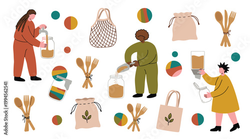 People practice zero waste lifestyle refilling containers with bulk food and reusable bags for sustainable living