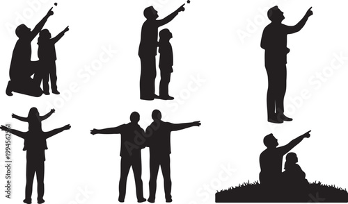 Silhouettes of father and child pointing upwards, looking at sky, exploring together.