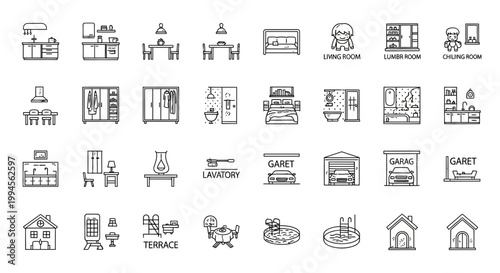 House Interior and Exterior Room Line Icon Set for Real Estate