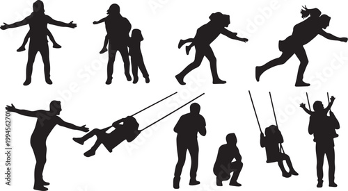 Silhouettes of parents and children playing, swinging, and riding on shoulders, active fun.