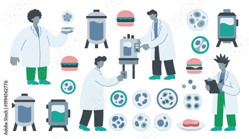 Scientists in lab coats conduct research on cultured meat and cellular agriculture in a modern laboratory setting