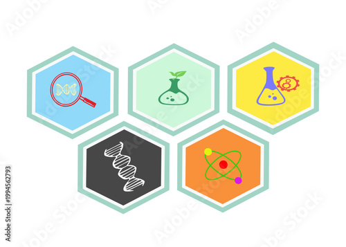 Minimalist hexagon icon set illustrating biotechnology and bioengineering concepts including DNA, cells, molecules, and lab research symbols. isolated on white background