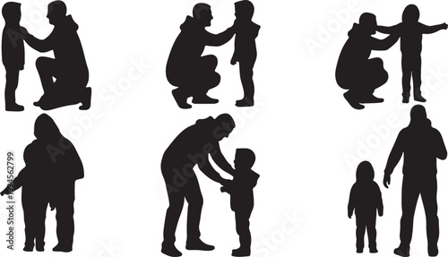 Father and child silhouettes interacting, father bonding with child, teaching and care