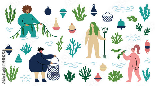 Diverse people harvesting seaweed underwater ocean farming sustainable food production