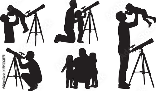 Father and child silhouettes looking through telescope, father teaching child astronomy