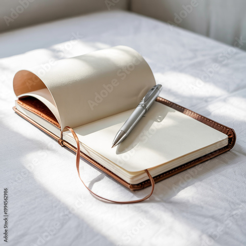 Open notebook with pen on white textured surface in bright sunlight