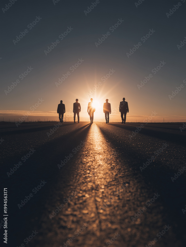 Fototapeta premium Business Team Walking Into Economic Uncertainty at Sunset