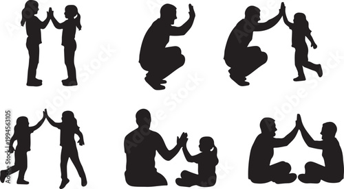 Group of black silhouette icons depicting parents and children giving each other high fives.
