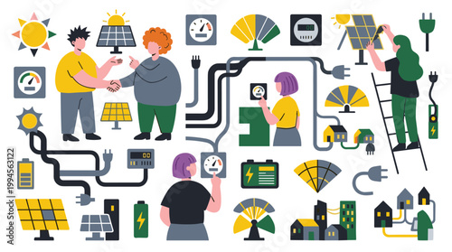 Sustainable energy concept illustration showing solar power installation and eco friendly homes with people and technology