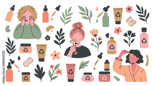 Natural skincare routine illustration with women applying beauty products and botanical elements for healthy skin care and wellness