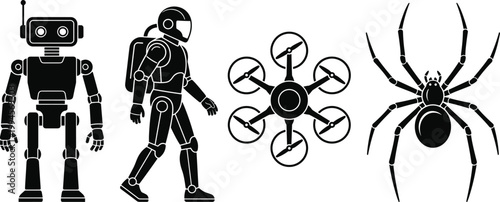 Φωτογραφία Robot silhouette illustration, astronaut exoskeleton icon, drone rotor design, s