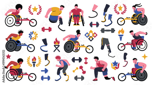 Diverse athletes with disabilities compete in sports featuring wheelchairs prosthetics and adaptive equipment celebrating athletic achievement and inclusivity