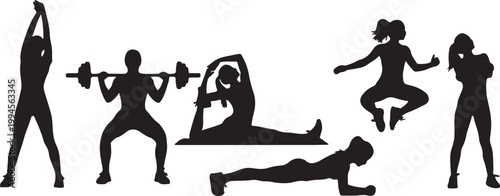 Set of female silhouettes performing various fitness exercises and yoga poses in black.
