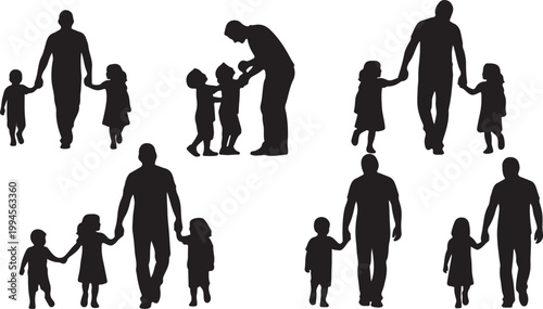 Collection of black silhouettes showing fathers walking and holding hands with their children.