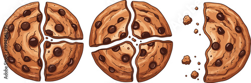Chocolate Chip Cookies Breaking into Pieces for Sweet Dessert and Bakery Design