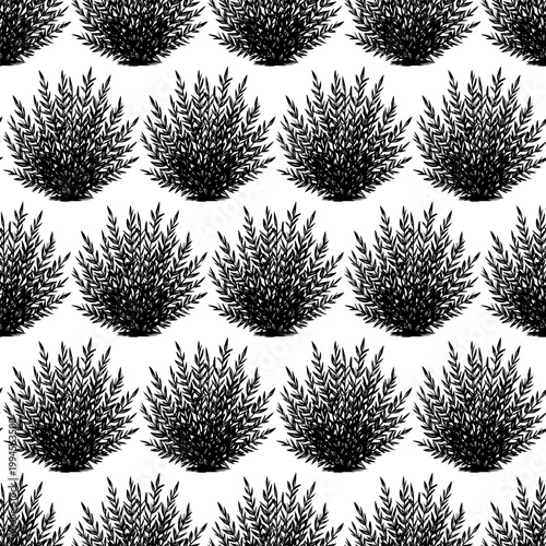 Lush bushes and thickets on a seamless pattern. Vector illustration. Grass and shrubs. Hand-drawn sketch, isolated on a white background.